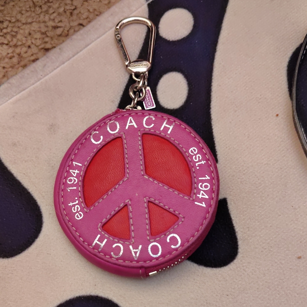 Coach Pink and Red Peace Sign Zip Coin Pouch Keychain
